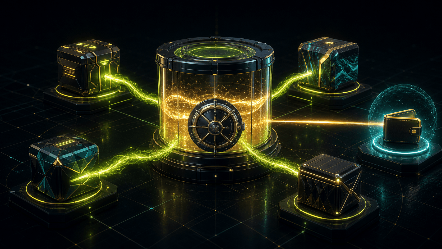 Several eligible boxes contribute into one transparent universal jackpot reserve, with a winner claim routed from the center.