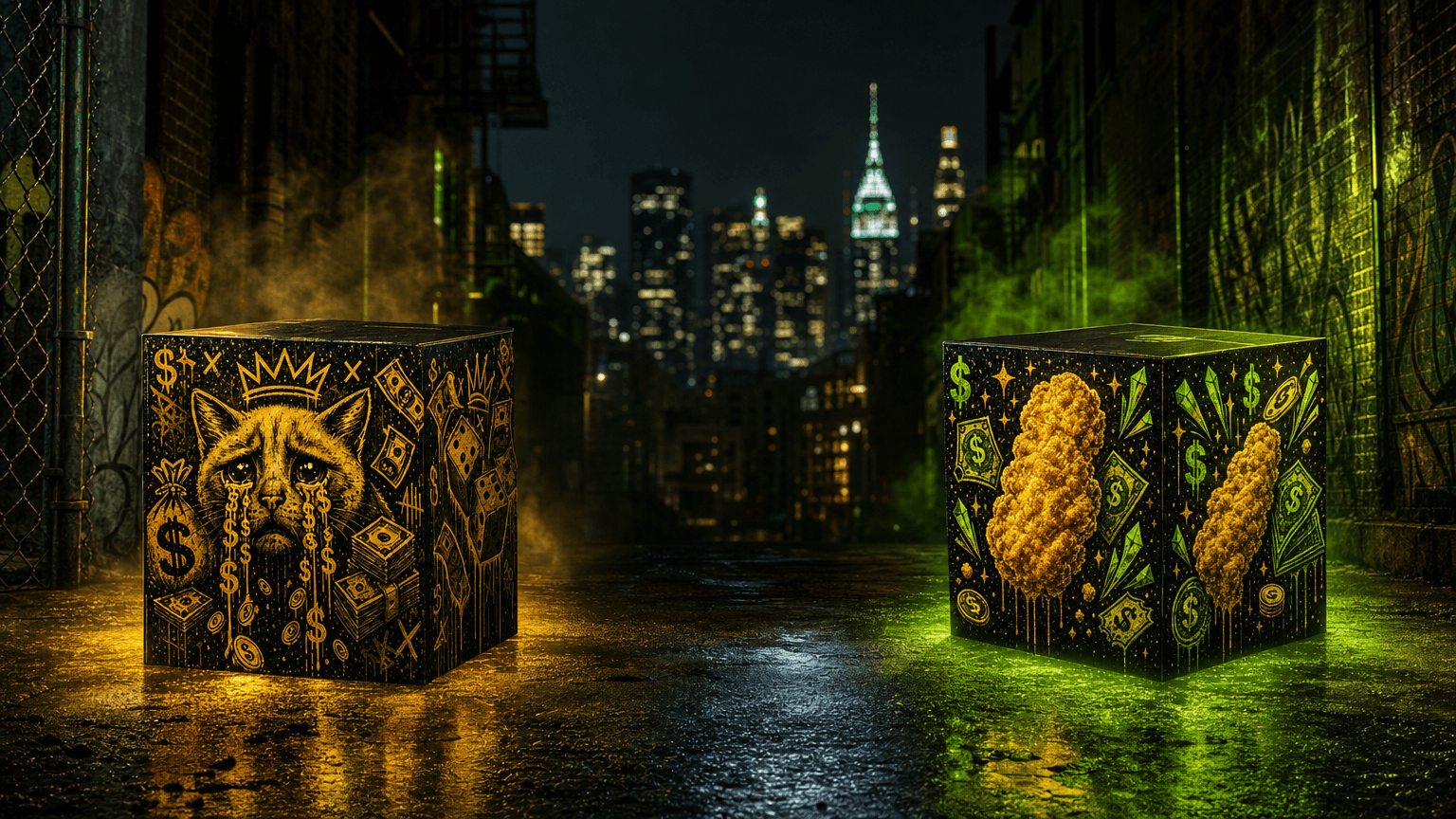 Hood.Rich crypto collab boxes lined up in a neon graffiti alley