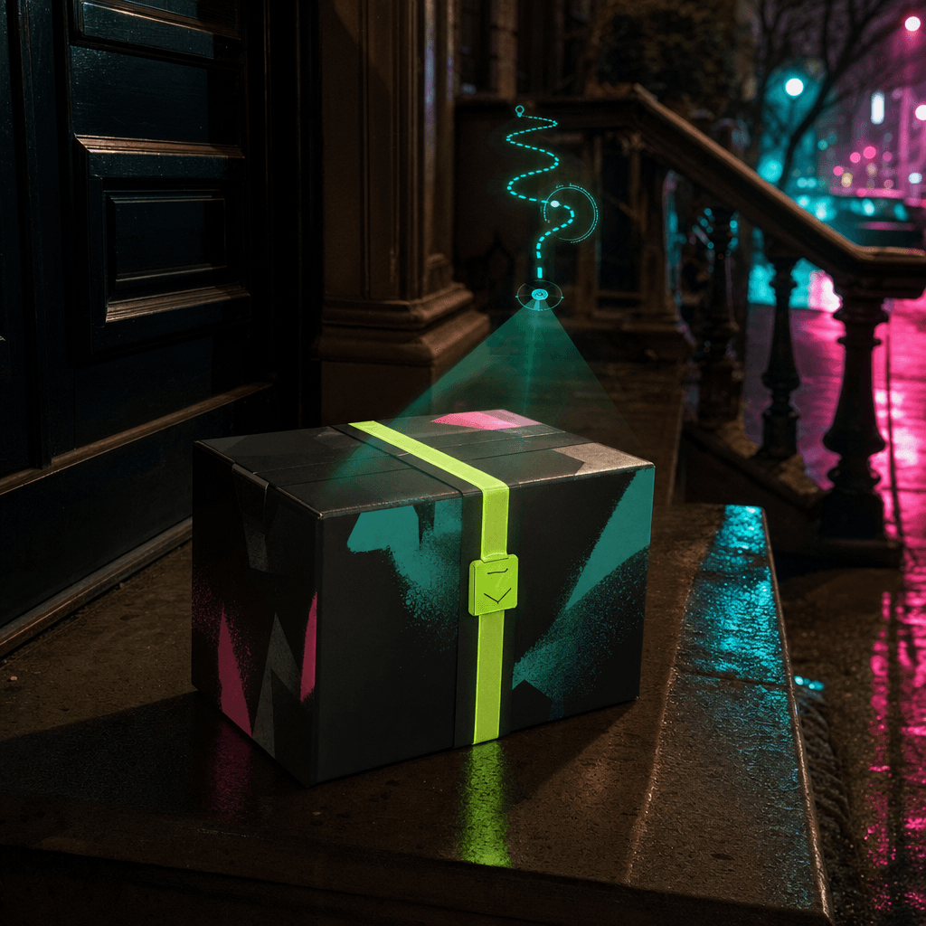 Premium courier package on a neon-lit doorstep, ready for tracked delivery