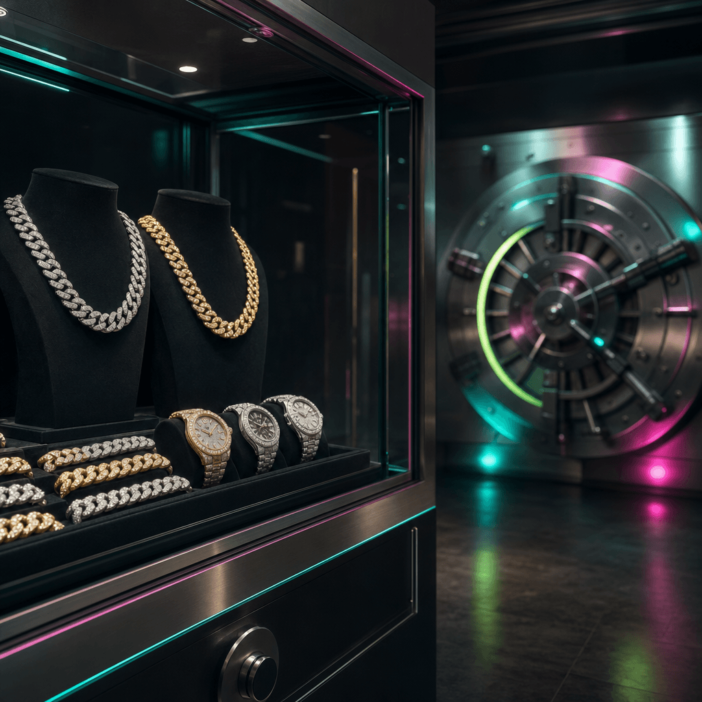Jeweler's vault display case holding gold and silver chains and iced watches under neon light