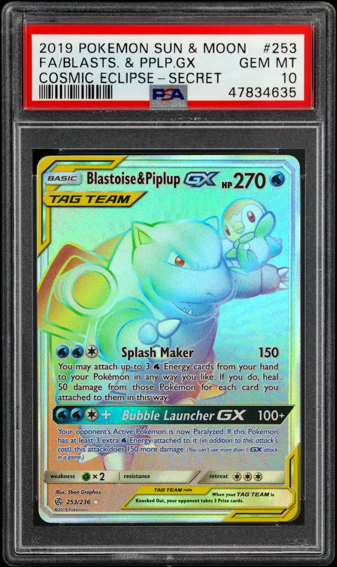 2019 #253 Full Art/Blastoise & Piplup GX PSA 10 Sun & Moon Cosmic Eclipse