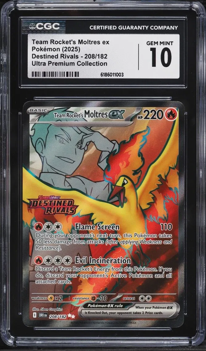 2025 #208 Team Rocket's Moltres ex CGC 10 Pokemon SV Promo Destined Rivals Premium Full Art