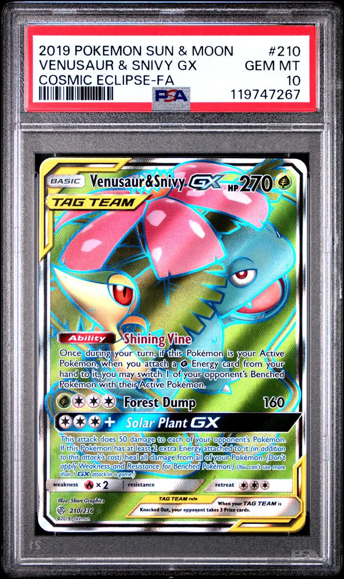 2019 #210 Full Art/Venusaur & Snivy GX PSA 10 Sun & Moon Cosmic Eclipse Pokemon