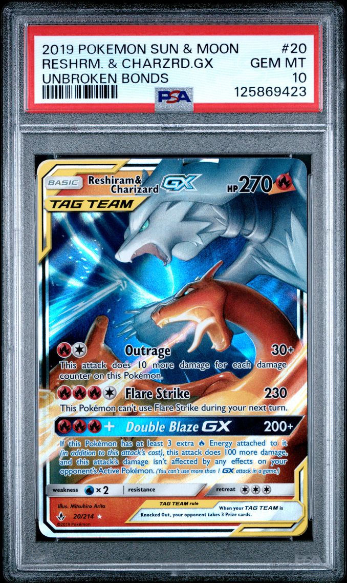 2019 #20 Reshiram & Charizard GX PSA 10 Sun & Moon Unbroken Bonds Pokemon