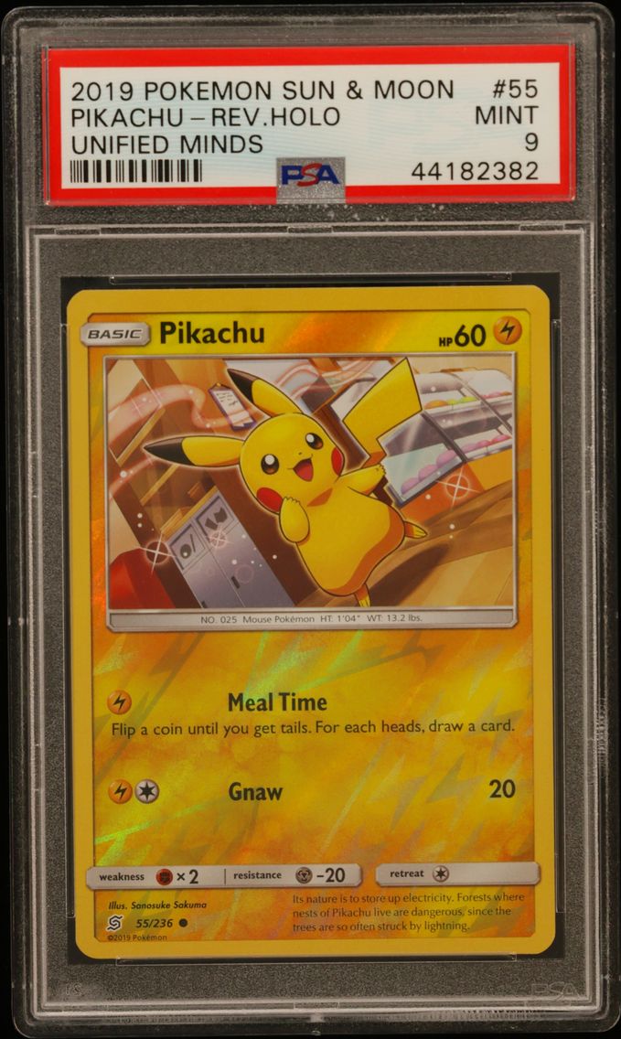 2019 #55 Pikachu-Reverse Foil PSA 9 Sun & Moon Unified Minds
