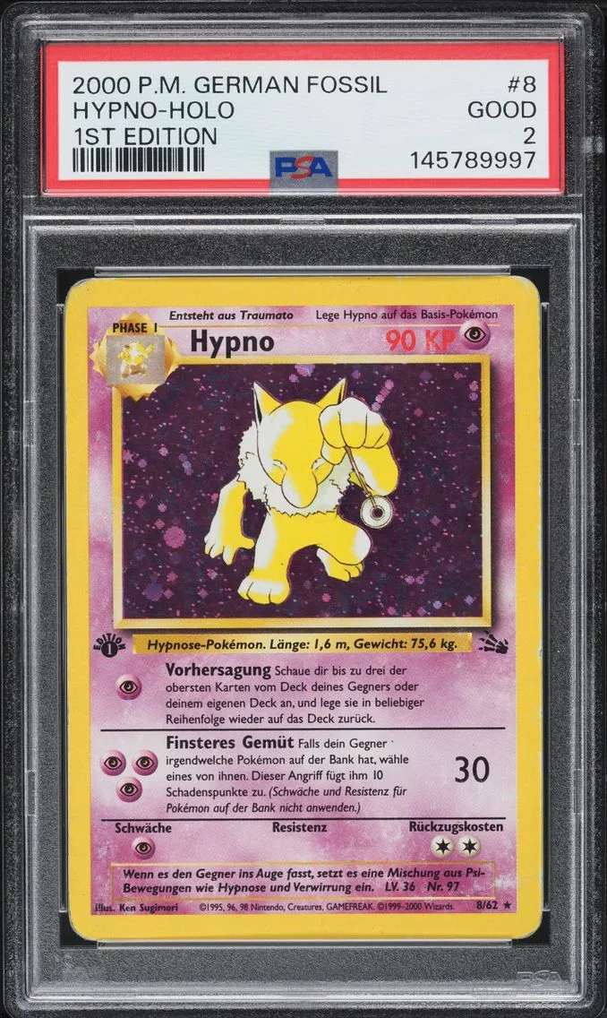2000 Pokemon German Fossil 1st Edition Holo Hypno #8 PSA 2 GD
