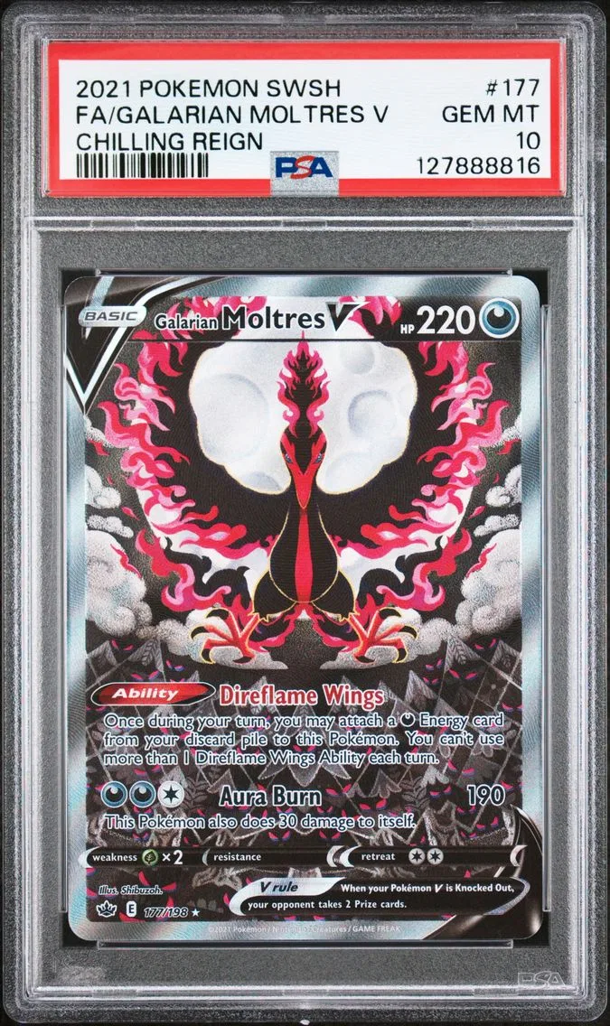 2021 #177 Full Art/Galarian Moltres V PSA 10 Sword & Shield Chilling Reign