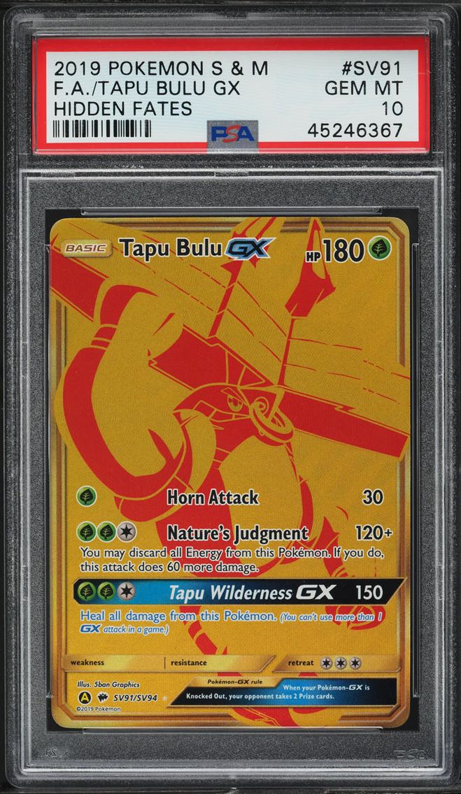2019 Pokemon Sun & Moon Hidden Fates Shiny Gold Rare Tapu Bulu GX #SV91 PSA 10 GEM MINT