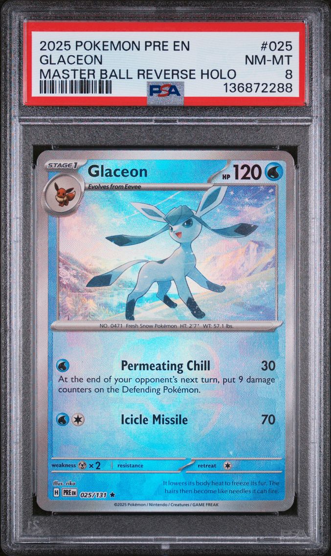 2025 #025 Glaceon Master Ball Reverse Holo PSA 8 Pre EN-Prismatic Evolutions