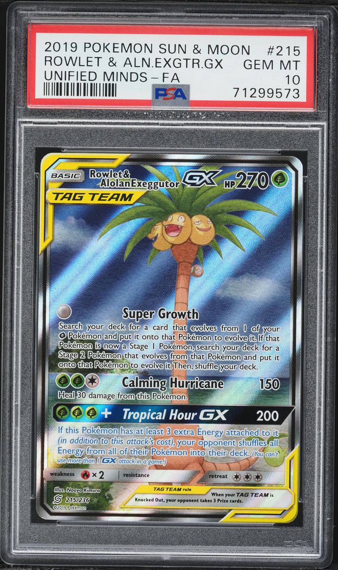 2019 #215 Full Art/Rowlet & Alolan Exeggutor GX PSA 10 Sun & Moon Unified Minds Pokemon