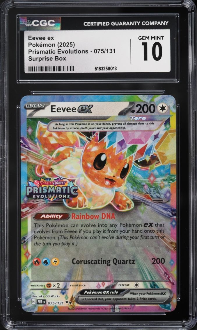 2025 #75 Eevee EX CGC 10 Pokemon Scarlet & Violet Prismatic Evolutions Surprise Box Holo