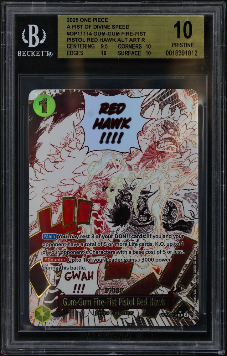 2025 #OP11114 Gum-Gum Fire-Fist Pistol Red Hawk ALT ART R BGS 10 One Piece Card Game A Fist of Divine Speed