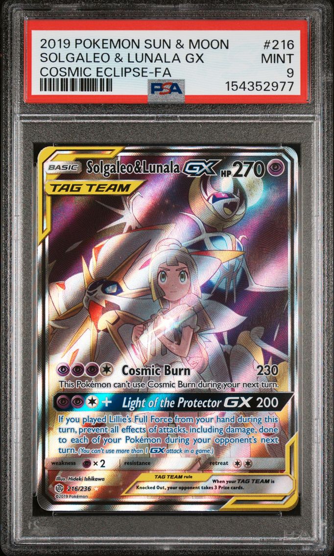 2019 #216 Full Art/Solgaleo & Lunala GX PSA 9 Sun & Moon Cosmic Eclipse