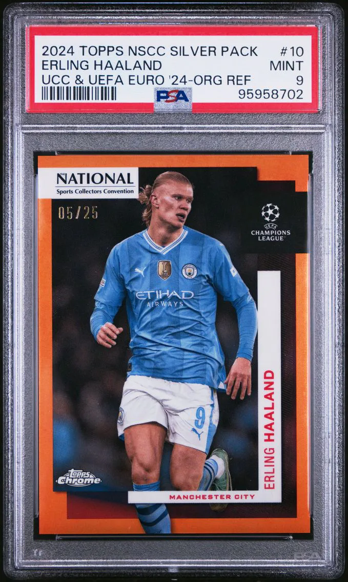 2024 #10 Erling Haaland PSA 9 Orange Refractor Topps National Sports Collectors Convention Silver Pack UEFA Club Competitions and UEFA Euro 2024 Soccer