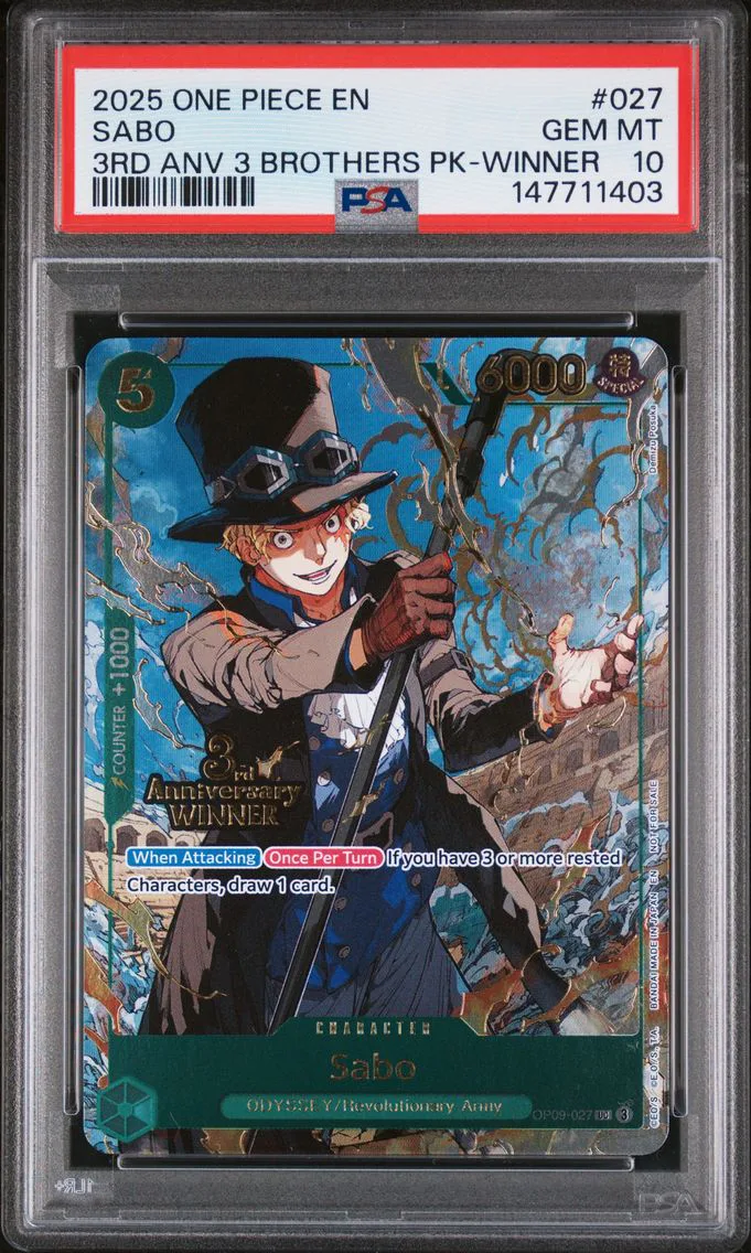 2025 #027 Sabo PSA 10 One Piece 3rd Anniversary Tournament 3 Brothers Pack