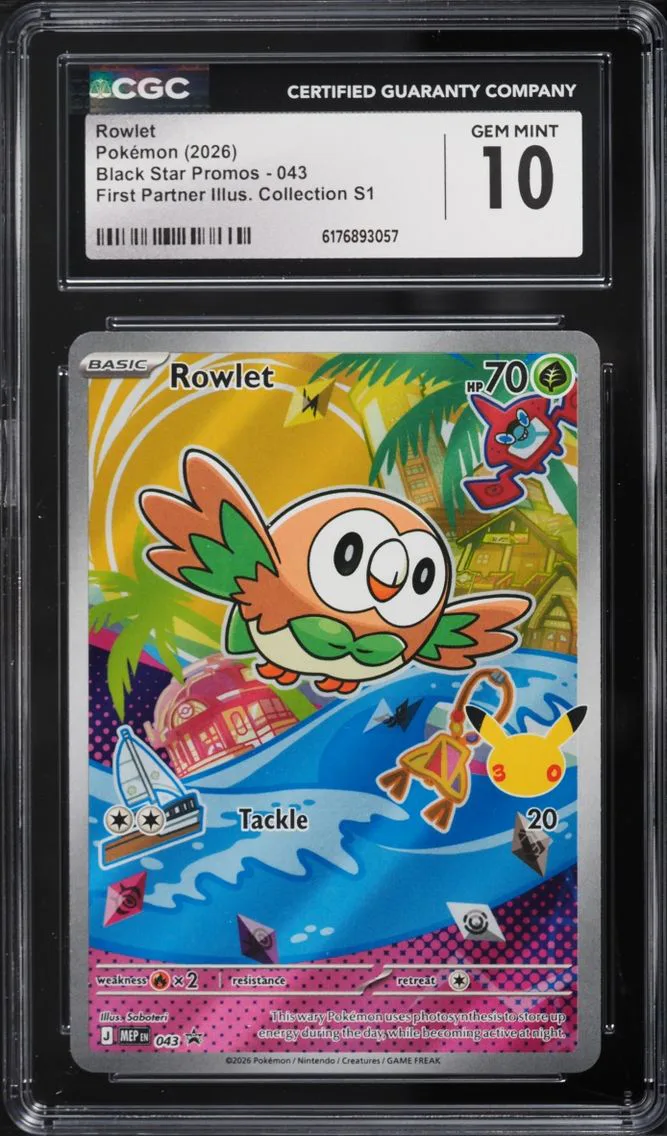 2026 Pokemon Mega Evolution Promo First Partner Illustration S1 Full Art Rowlet #43 CGC 10 GEM
