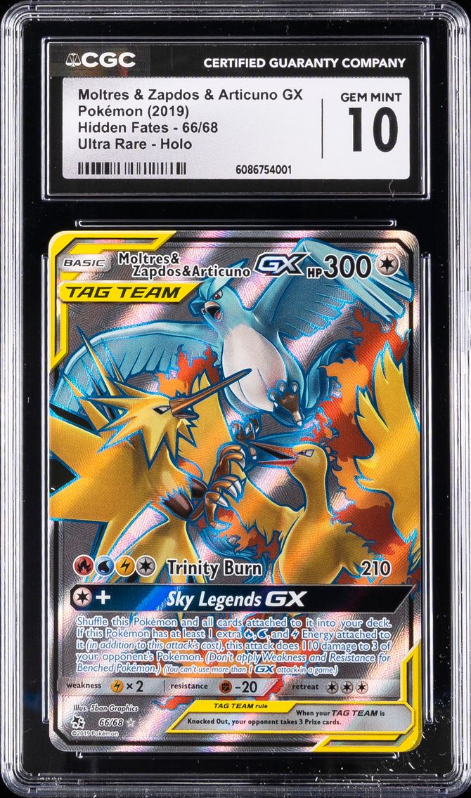 2019 #66 Full Art/Moltres & Zapdos & Articuno GX CGC 10 Sun & Moon Hidden Fates Pokemon