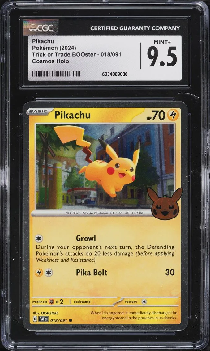2024 Pokemon Scarlet & Violet Paldean Fates Trick Or Trade Holo Pikachu #18 CGC 9.5 MINT+