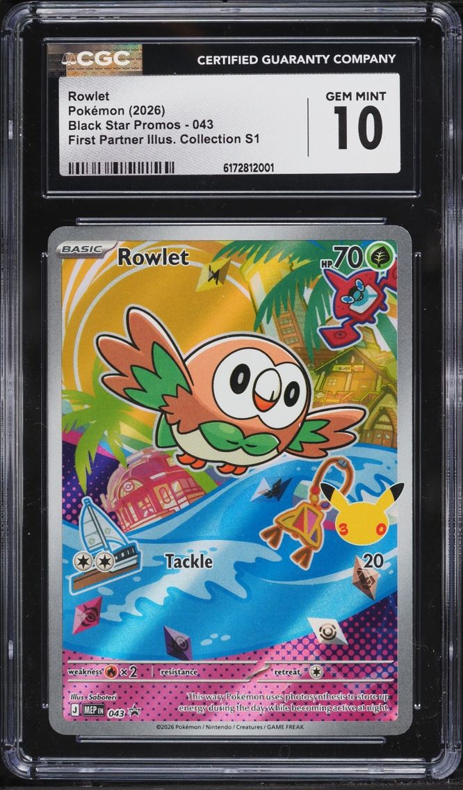 2026 Pokemon Mega Evolution Promo First Partner Illustration S1 Full Art Rowlet #43 CGC 10 GEM