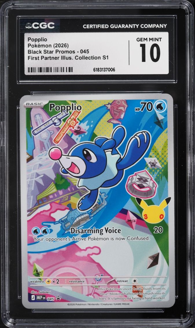 2026 Pokemon Mega Evolution Promo First Partner Illustration S1 Full Art Popplio #45 CGC 10 GEM