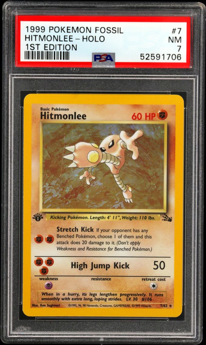1999 #7 Hitmonlee-Holo 1st Edition PSA 7 Fossil