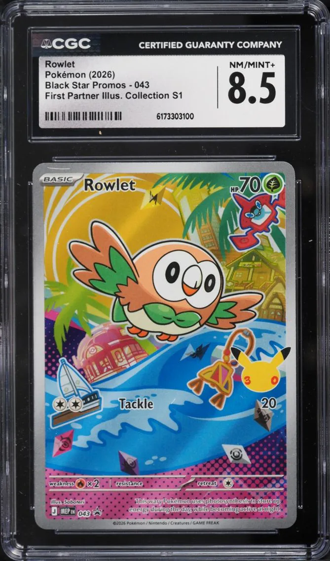 2026 Pokemon Mega Promo First Partner Illustration S1 Full Art Rowlet #43 CGC 8.5 NM-MT+