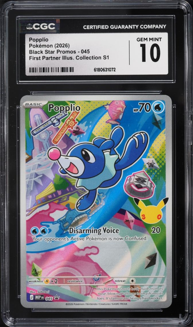 2026 Pokemon Mega Evolution Promo First Partner Illustration S1 Full Art Popplio #45 CGC 10 GEM