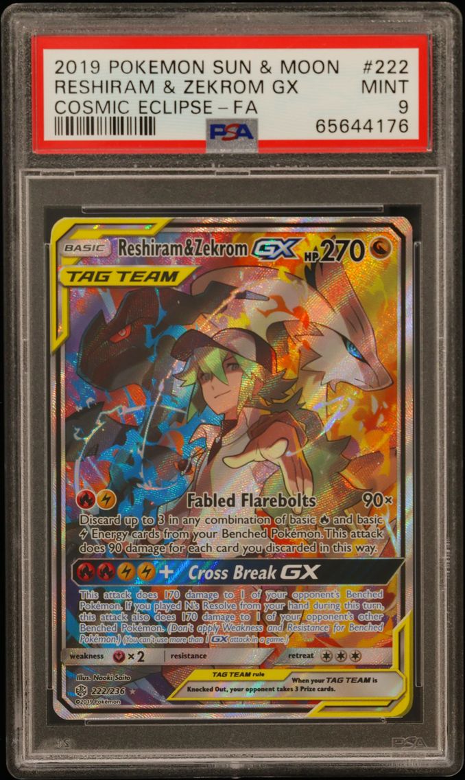 2019 #222 Full Art/Reshiram & Zekrom GX PSA 9 Sun & Moon Cosmic Eclipse