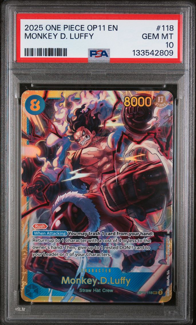 2025 #118 Monkey D. Luffy Base PSA 10 OP11-A Fist of Divine Speed One Piece