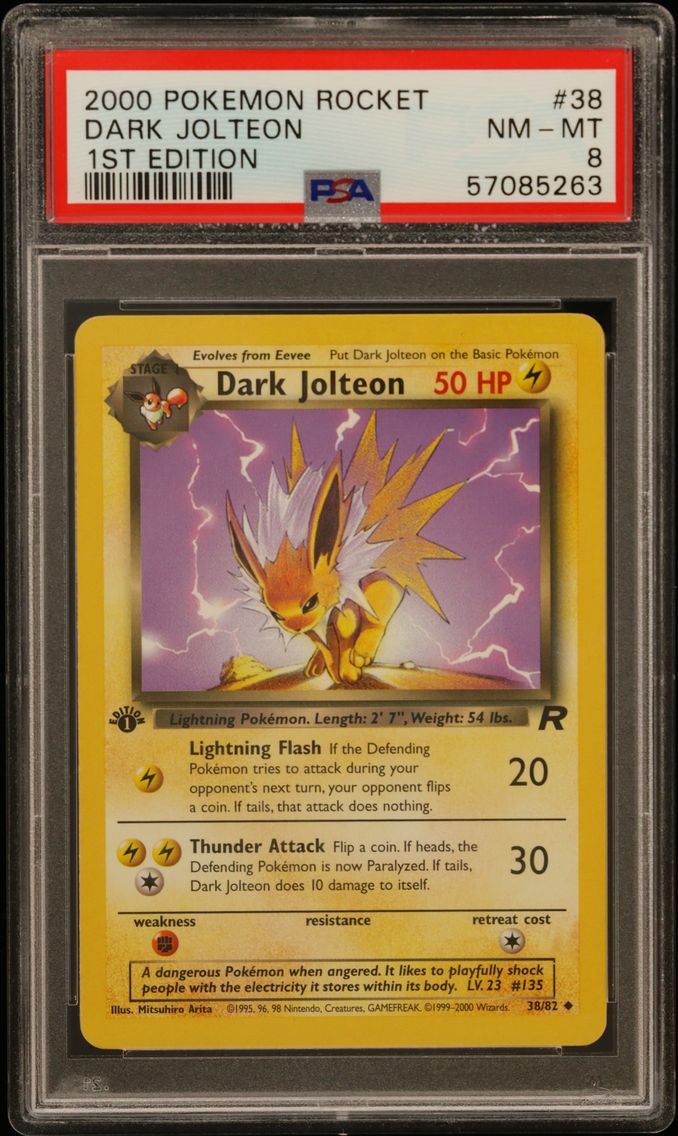 2000 #38 Dark Jolteon 1st Edition PSA 8 Rocket