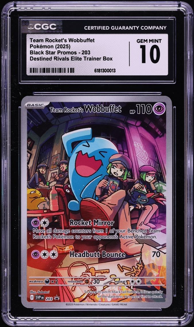2025 Pokemon SV Promo Destined Rivals ETB Full Art Team Rocket's Wobbuffet #203 CGC 10 GEM MINT