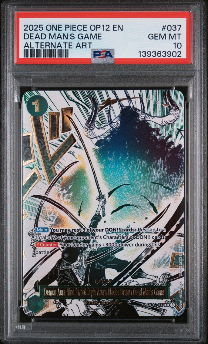 2025 #037 Demon Aura Nine-Sword Style Asura Blades Drawn Dead Man's Game PSA 10 One Piece OP12-Legacy of the Master