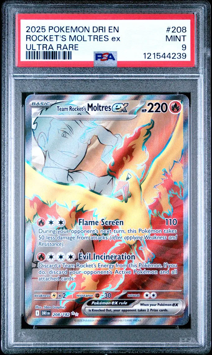 2025 #208 Team Rocket's Moltres EX PSA 9 Dri EN-Destined Rivals