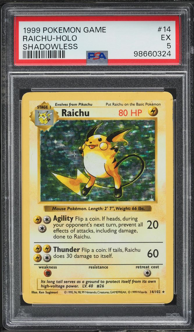 1999 #14 BASE SET SHADOWLESS HOLO RAICHU PSA 5 POKEMON