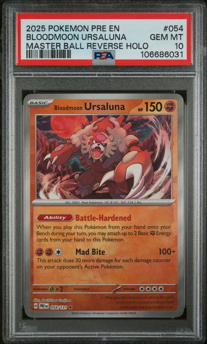2025 #054 BLOODMOON URSALUNA PSA 10 POKEMON PRE EN-PRISMATIC EVOLUTIONS | MASTER BALL REVERSE HOLO