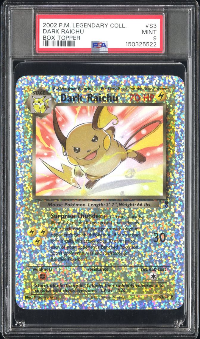 2002 #S3 Dark Raichu PSA 9 Legendary Collection Box Topper