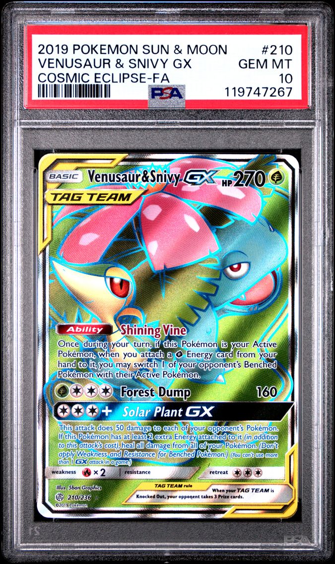 2019 #210 Full Art/Venusaur & Snivy GX PSA 10 Sun & Moon Cosmic Eclipse Pokemon