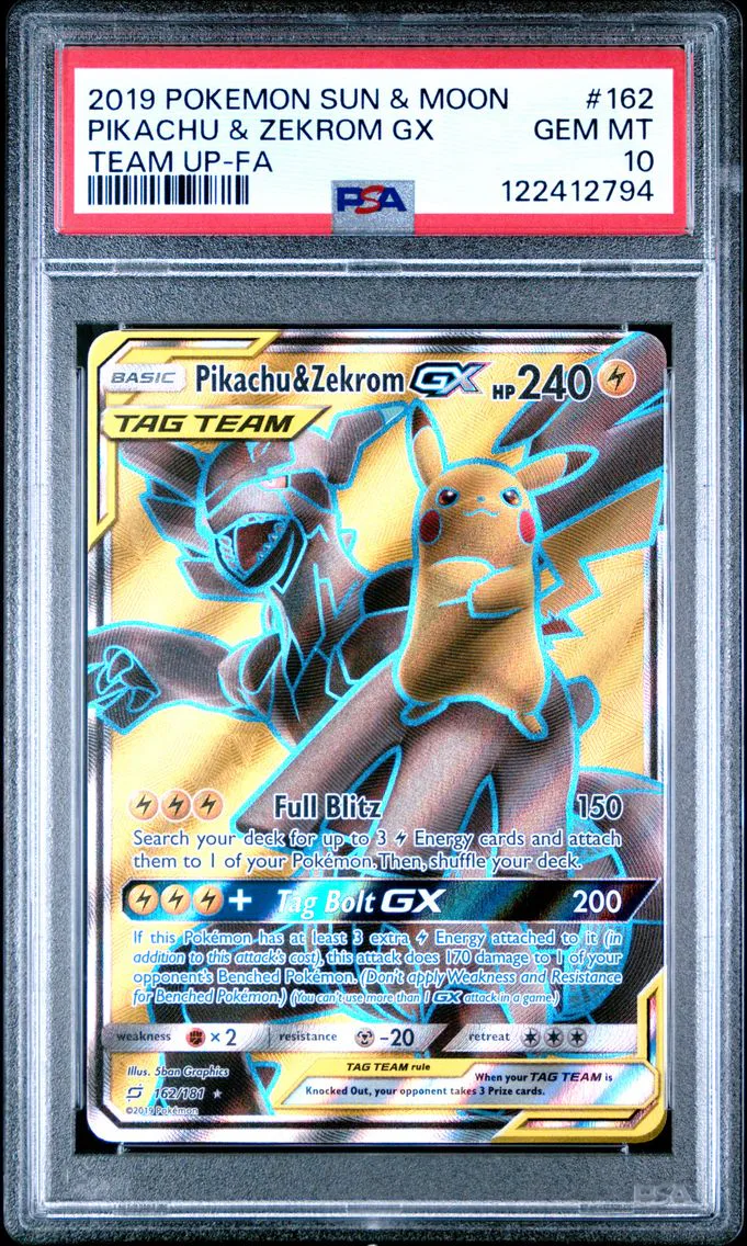 2019 #162 Full Art/Pikachu & Zekrom GX PSA 10 Sun & Moon Team Up Pokemon