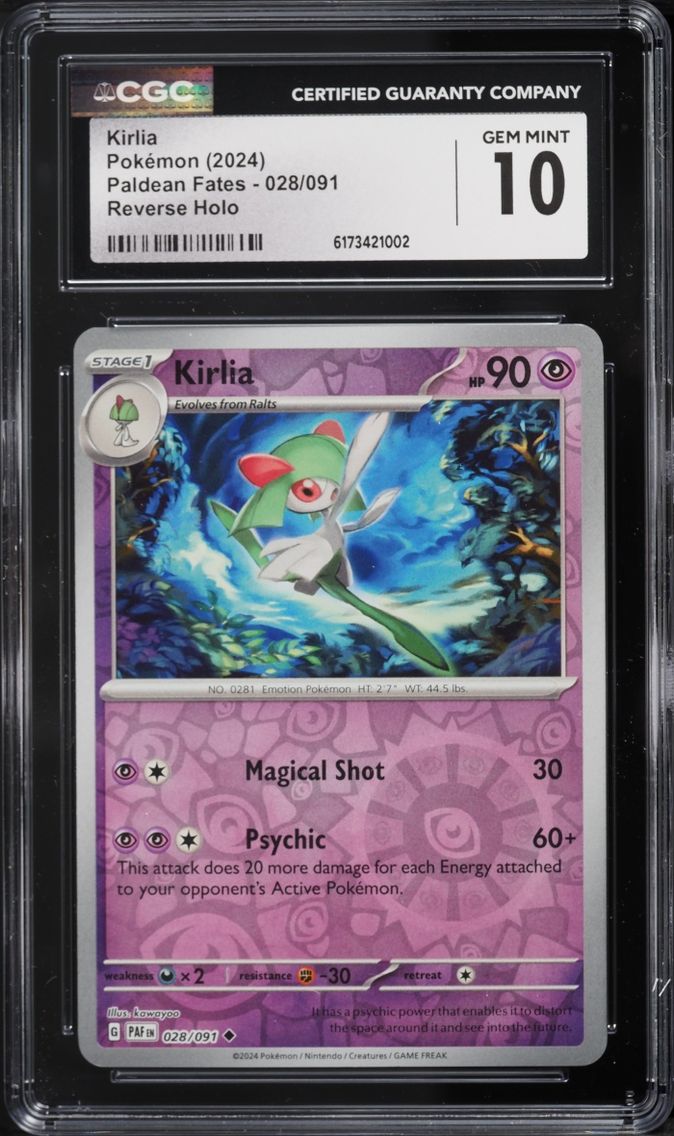 2024 Pokemon Scarlet & Violet Paldean Fates Reverse Holo Kirlia #028 CGC 10 GEM MINT