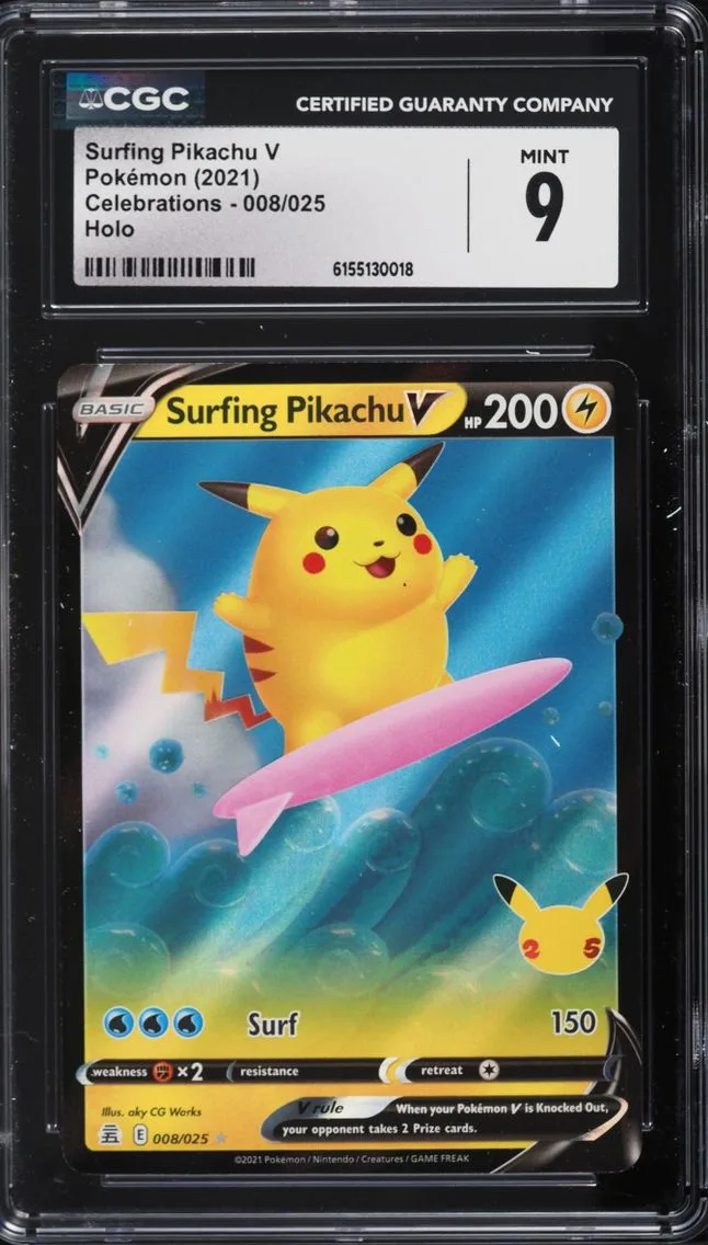 2021 Pokemon Sword & Shield Celebrations Holo Surfing Pikachu V #8 CGC 9 MINT