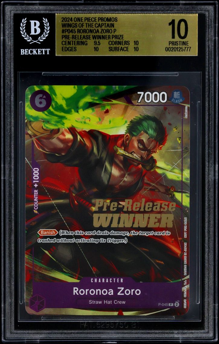 2024 #P045 Roronoa Zoro P/(Pre-Release Winner Prize) BGS 10 One Piece Card Game Wings of the Captain Promos