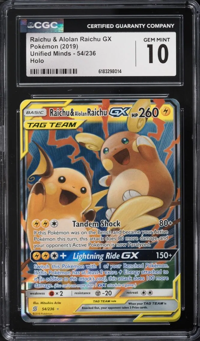 2019 Pokemon Sun & Moon Unified Minds Holo Raichu & Alolan Raichu GX #54 CGC 10 GEM MINT