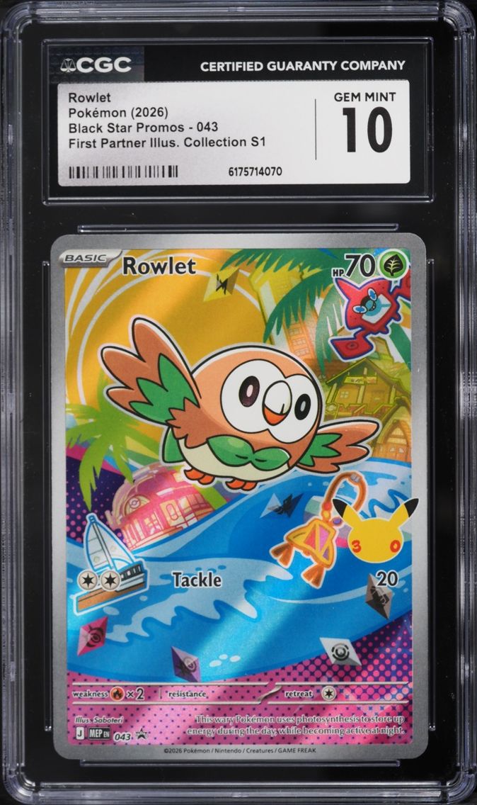 2026 Pokemon Mega Evolution Promo First Partner Illustration Full Art Rowlet #43 CGC 10 GEM