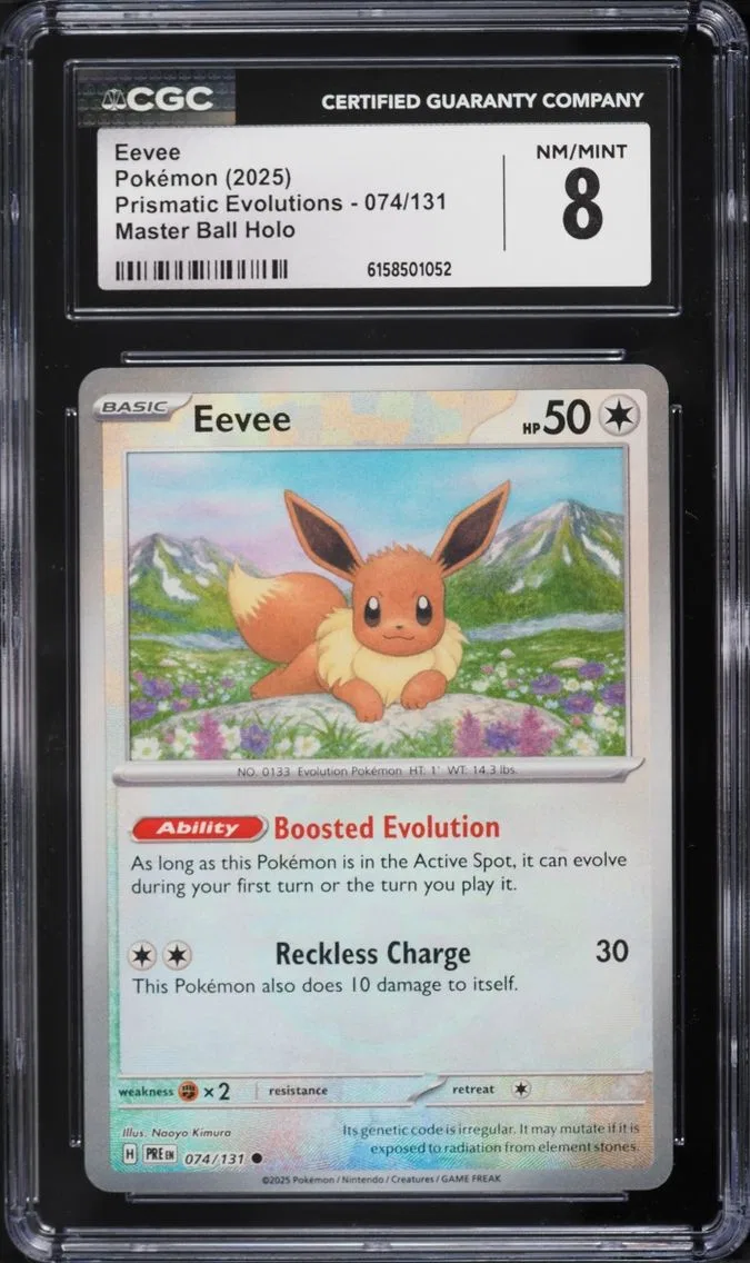 2025 Pokemon Scarlet & Violet Prismatic Evolutions Master Ball Holo Eevee #74 CGC 8 NM-MT