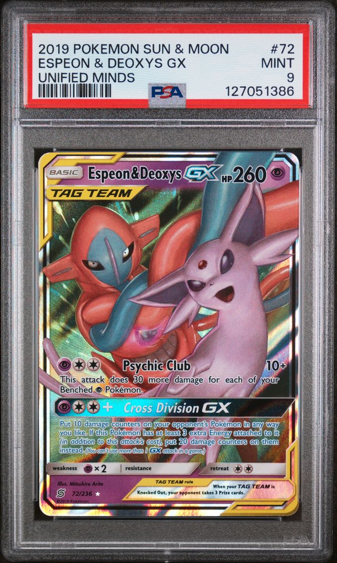 2019 #72 Espeon & Deoxys GX PSA 9 Sun & Moon Unified Minds Pokemon