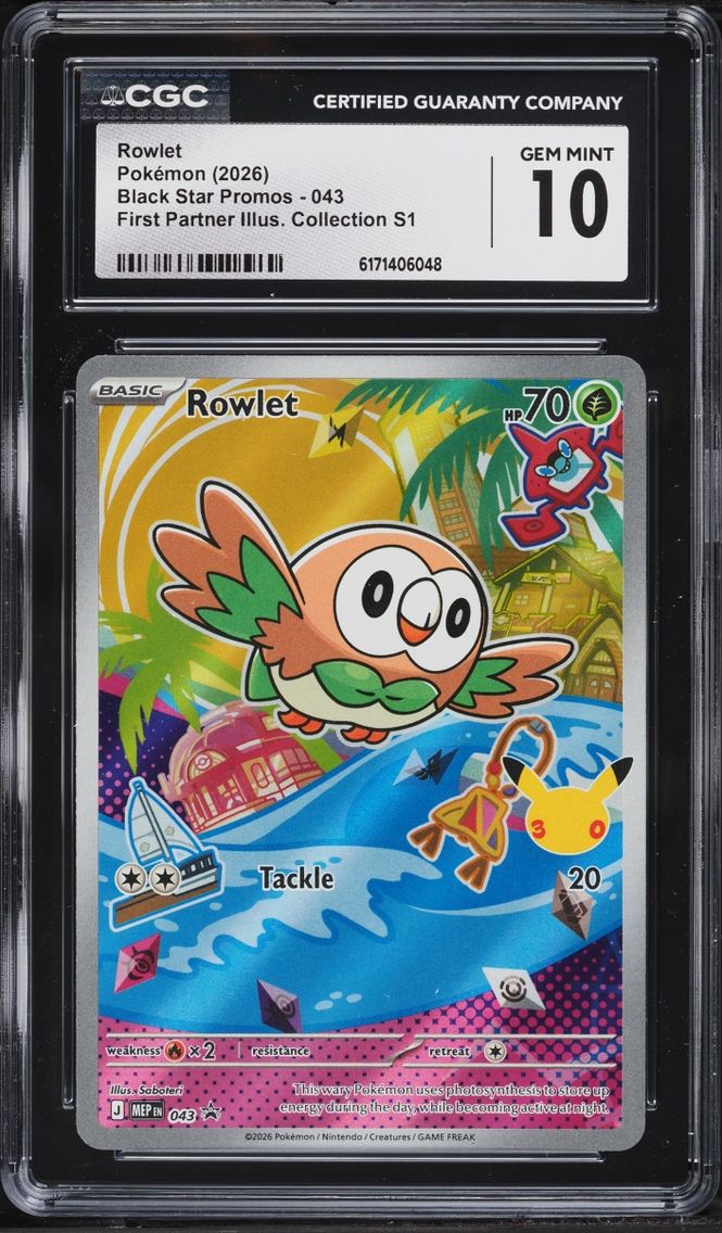 2026 Pokemon Mega Evolution Promo First Partner Illustration S1 Full Art Rowlet #43 CGC 10 GEM