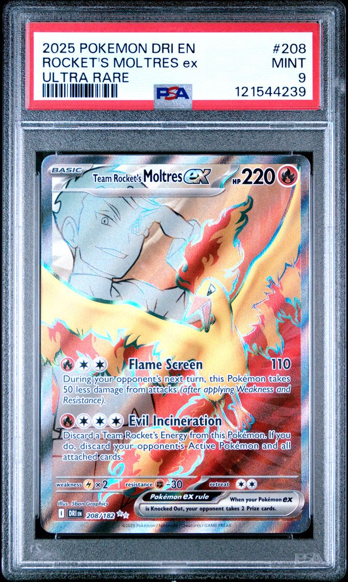 2025 #208 Team Rocket's Moltres EX PSA 9 Dri EN-Destined Rivals