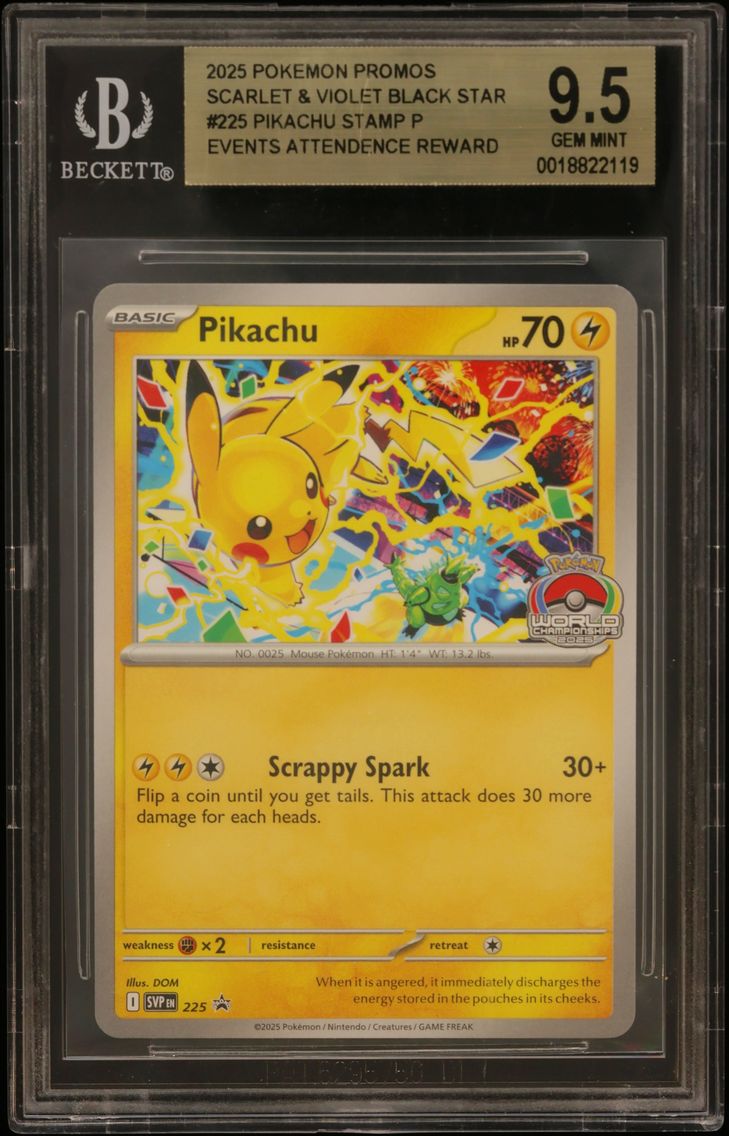 2025 #225 Pikachu STAMP P/(Play! Pokemon '25 Worlds Celebration Events Attendence Reward) BGS 9.5 TCG Scarlet & Violet Black Star Promos