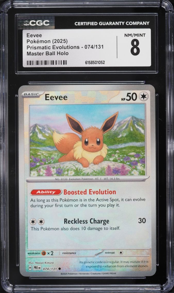 2025 Pokemon Scarlet & Violet Prismatic Evolutions Master Ball Holo Eevee #74 CGC 8 NM-MT