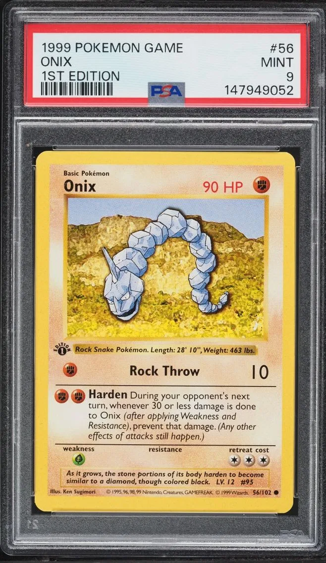 1999 Pokemon Base Set Shadowless 1st Edition Onix #56 PSA 9 MINT